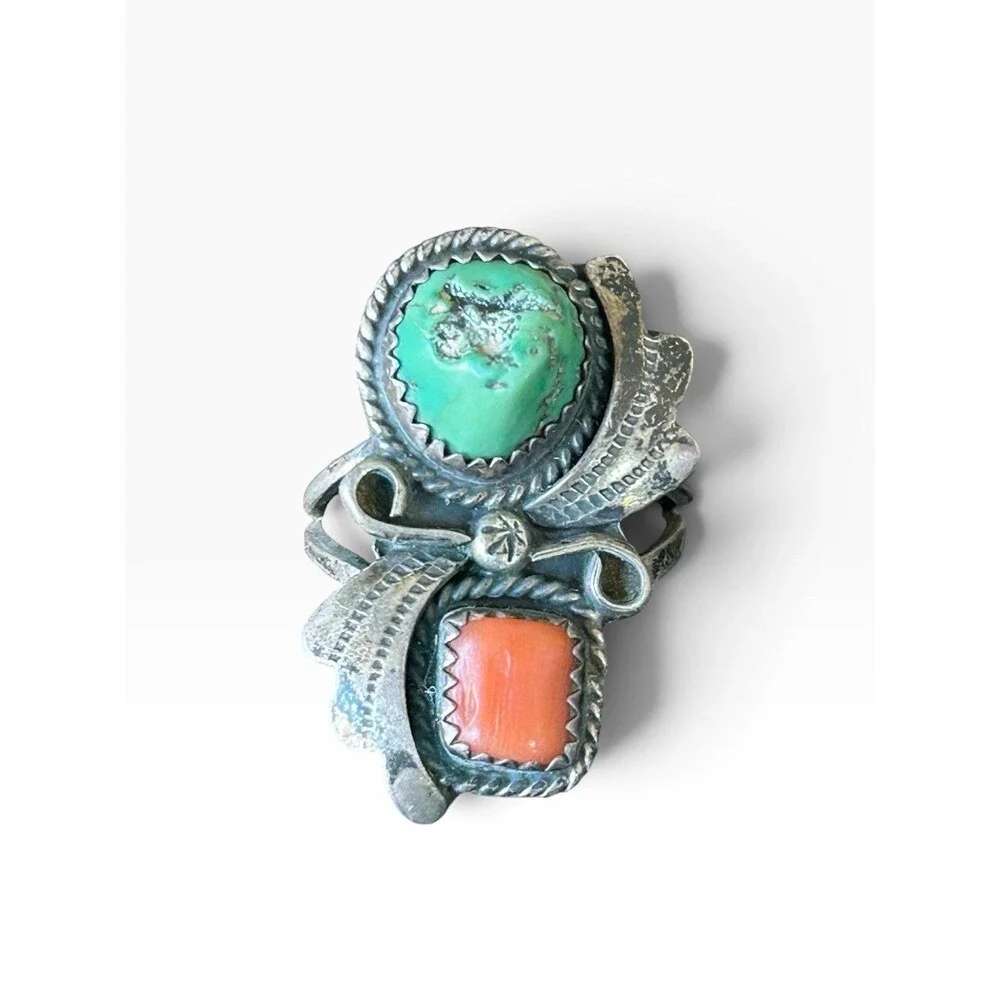 Vintage Sterling Silver Turquoise Coral Ring Southwestern Native Style Size 7.5